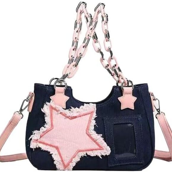 Cute Shoulder Bag Crossbody Bag for Women Y2K Star Patchwork Denim Messenger Bag - Picture 1 of 5